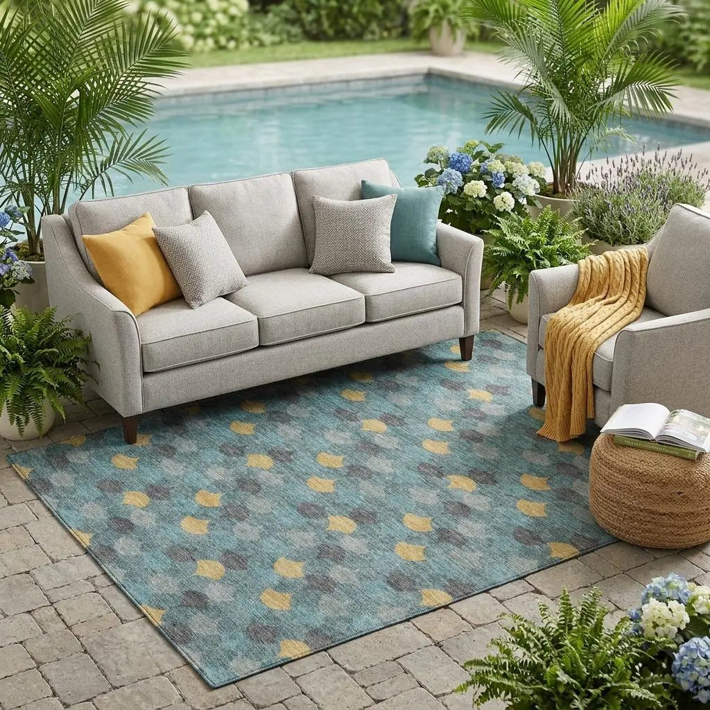 5' X 8' Teal Blue And Gold Geometric Washable Indoor Outdoor Area Rug Homeroots Outdoor