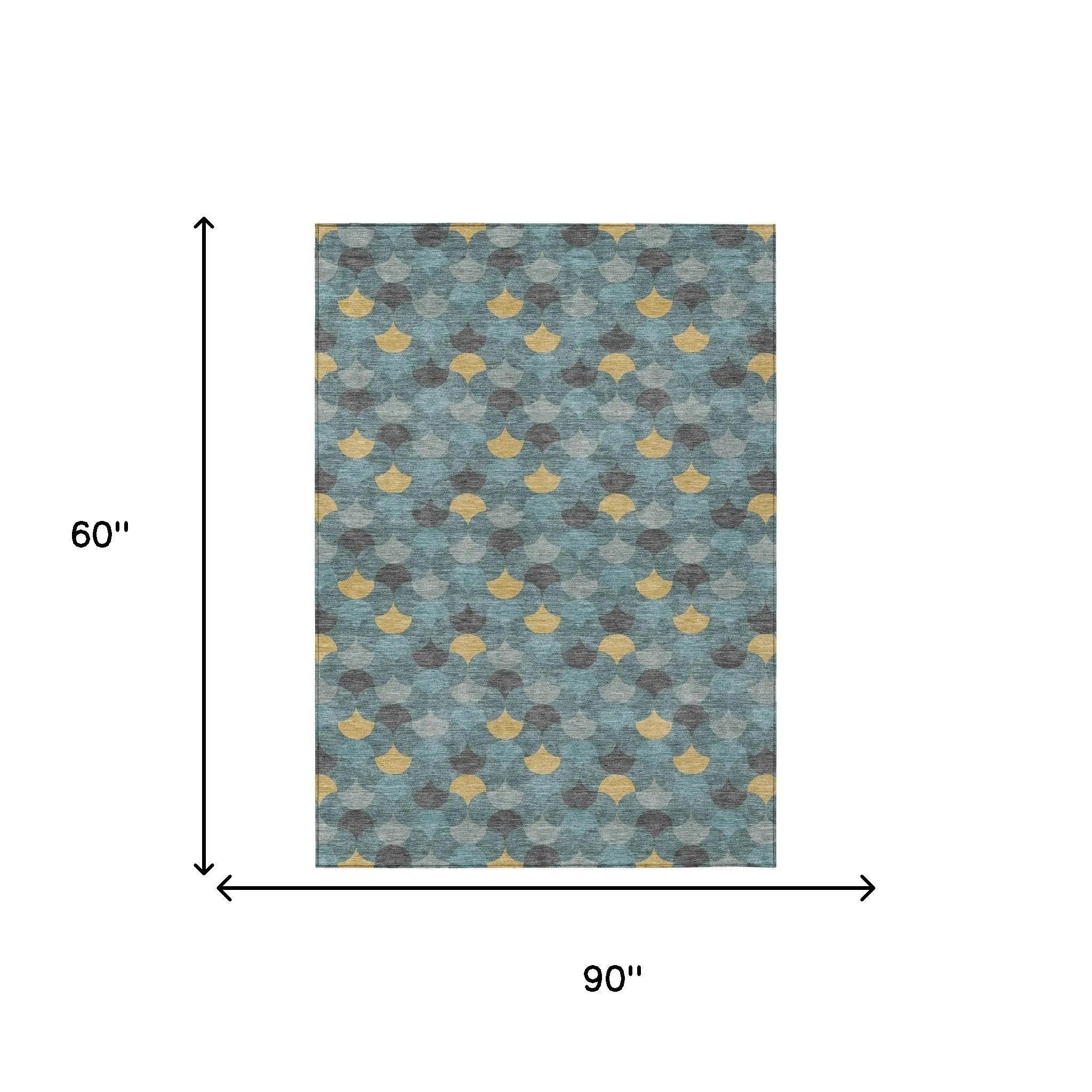 5' X 8' Teal Blue And Gold Geometric Washable Indoor Outdoor Area Rug Homeroots Outdoor