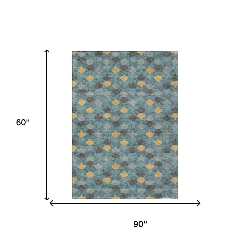 5' X 8' Teal Blue And Gold Geometric Washable Indoor Outdoor Area Rug Homeroots Outdoor