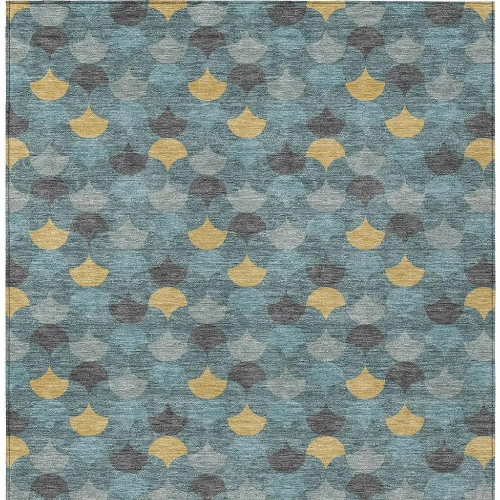 5' X 8' Teal Blue And Gold Geometric Washable Indoor Outdoor Area Rug Homeroots Outdoor