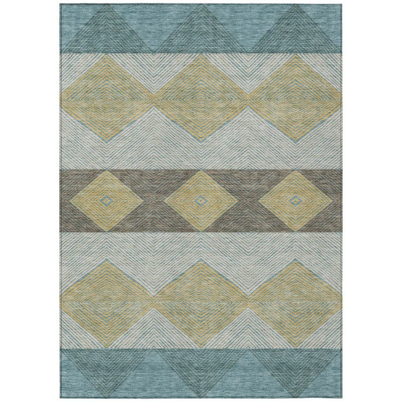 5' X 8' Teal Blue And Gold Geometric Washable Indoor Outdoor Area Rug Homeroots Outdoor
