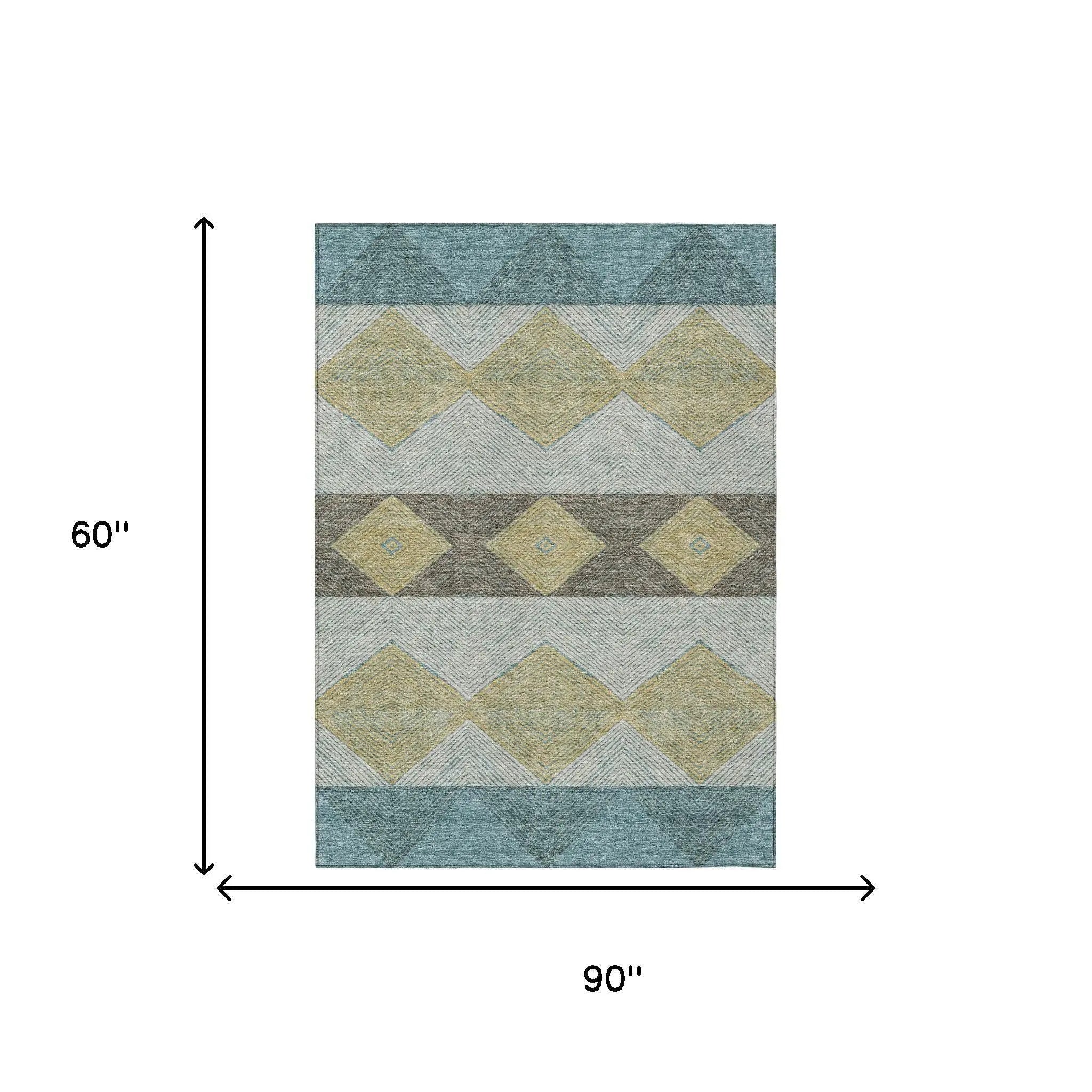 5' X 8' Teal Blue And Gold Geometric Washable Indoor Outdoor Area Rug Homeroots Outdoor