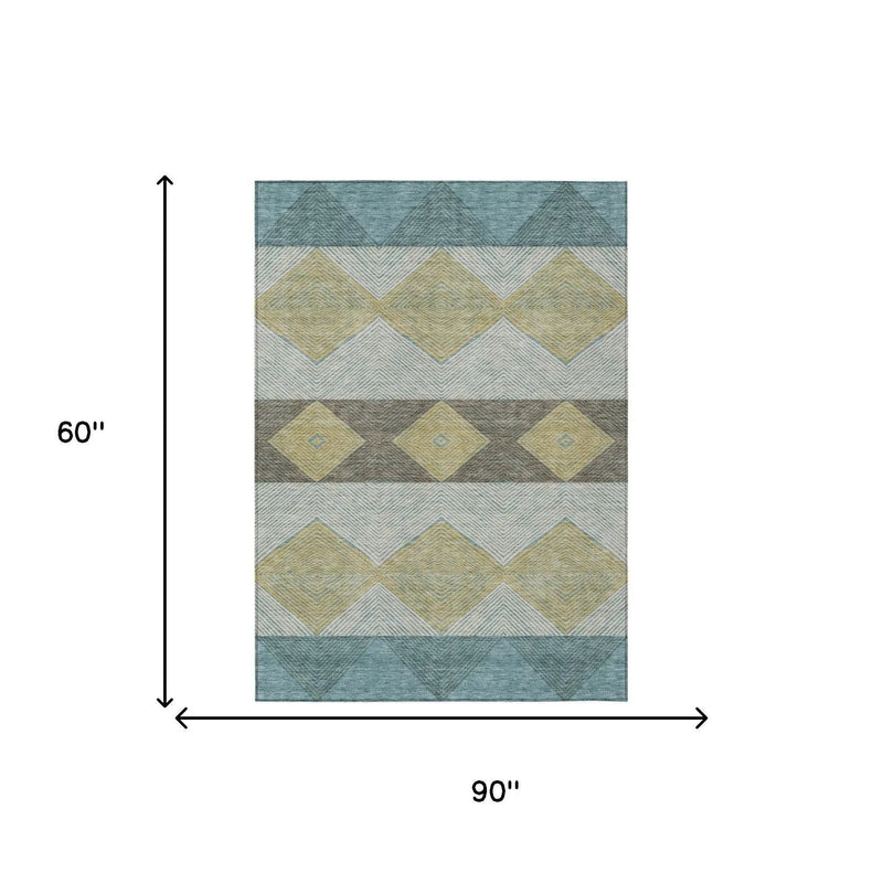 5' X 8' Teal Blue And Gold Geometric Washable Indoor Outdoor Area Rug Homeroots Outdoor