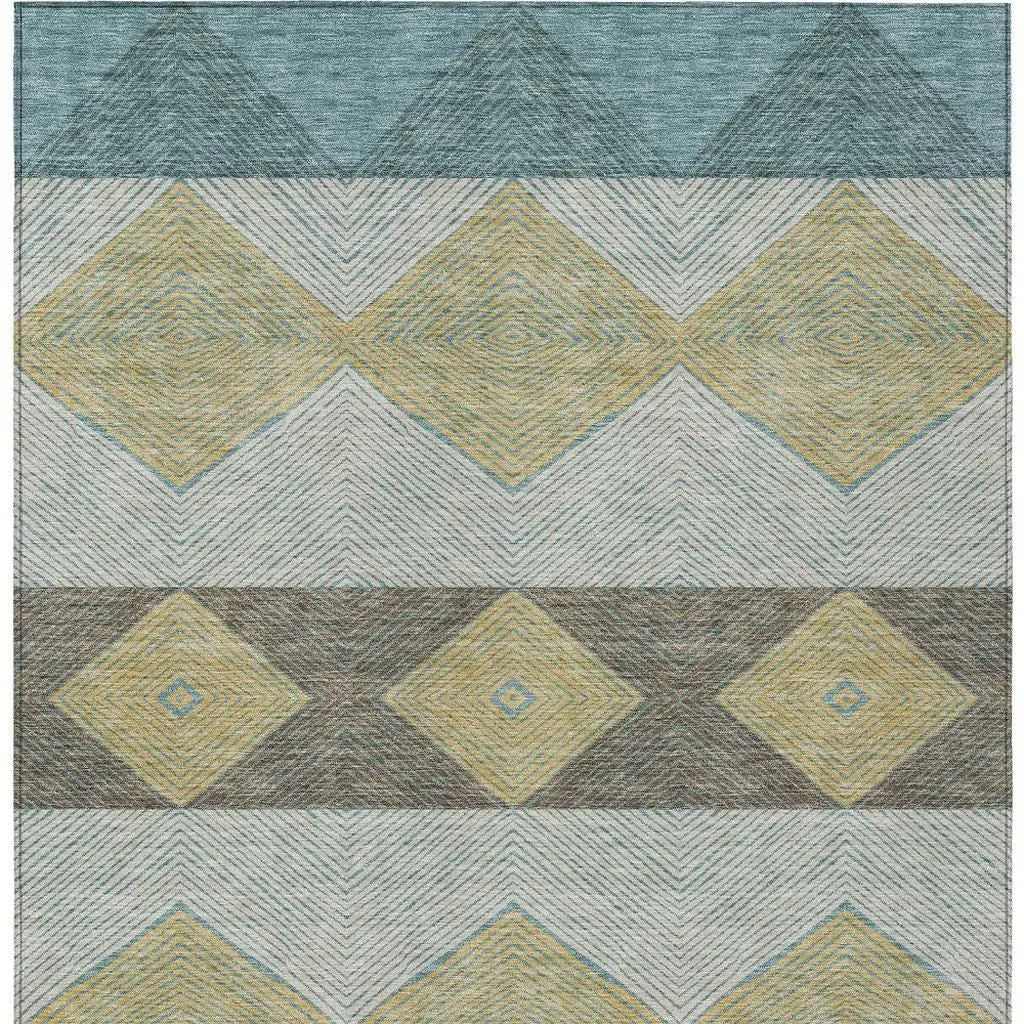 5' X 8' Teal Blue And Gold Geometric Washable Indoor Outdoor Area Rug Homeroots Outdoor