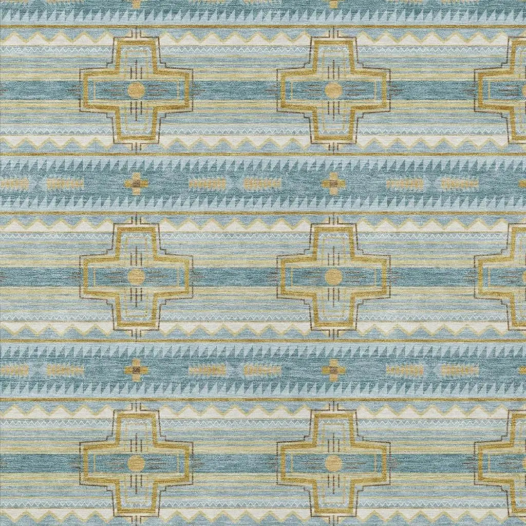 5' X 8' Teal Blue And Gold Tribal Washable Indoor Outdoor Area Rug Homeroots Outdoor