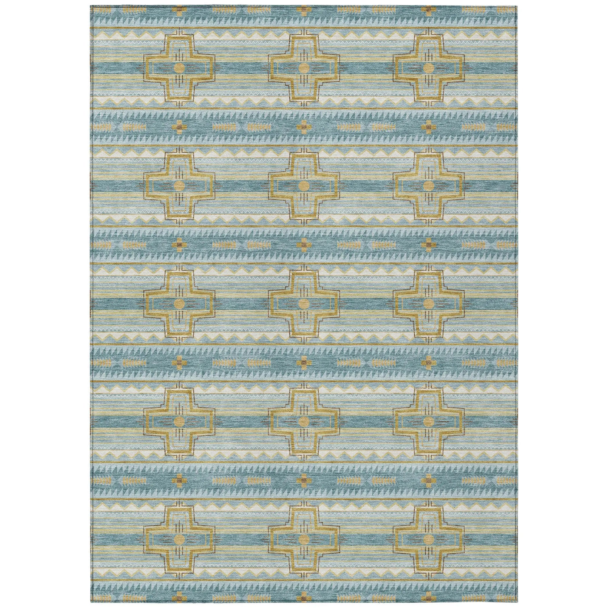 5' X 8' Teal Blue And Gold Tribal Washable Indoor Outdoor Area Rug Homeroots Outdoor