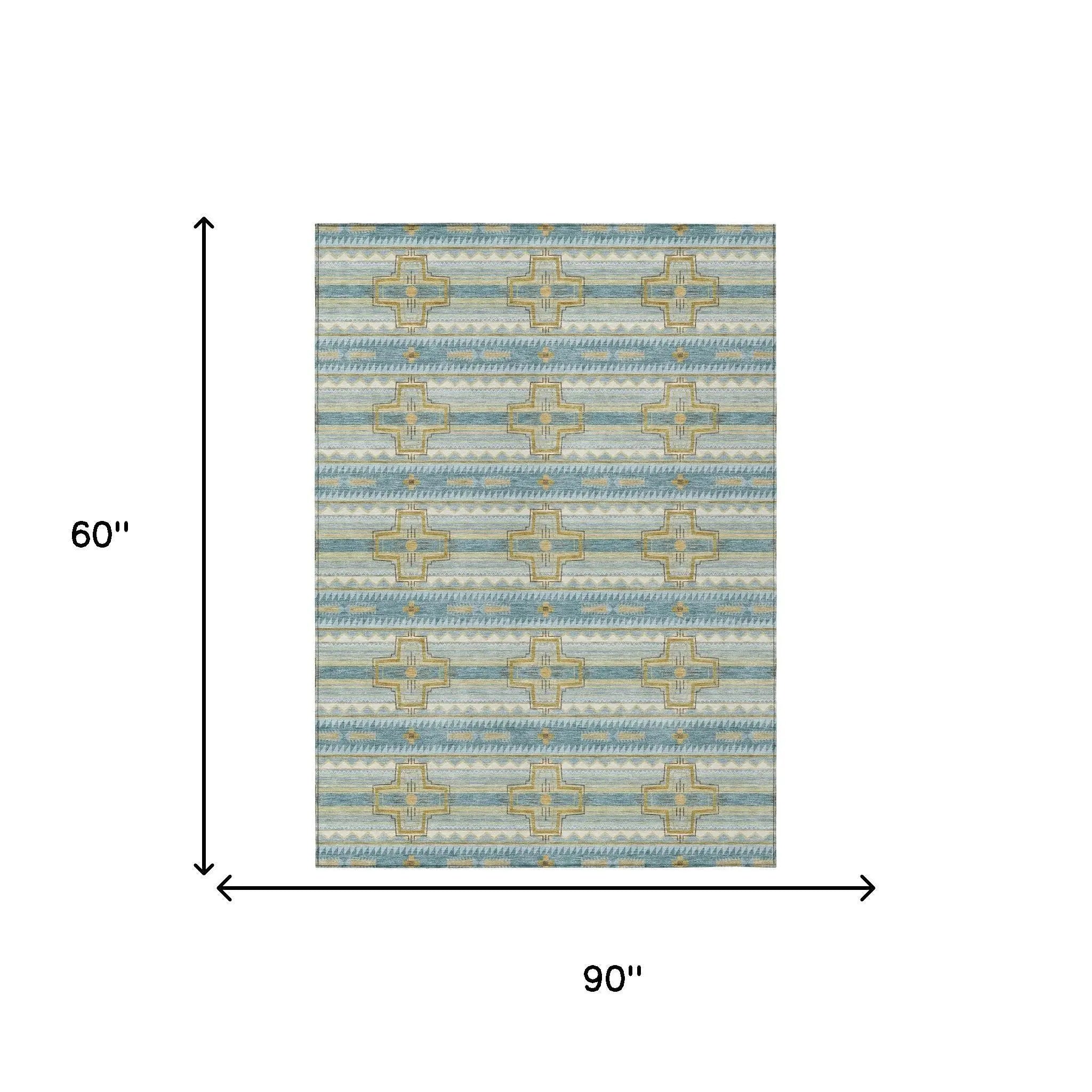 5' X 8' Teal Blue And Gold Tribal Washable Indoor Outdoor Area Rug Homeroots Outdoor