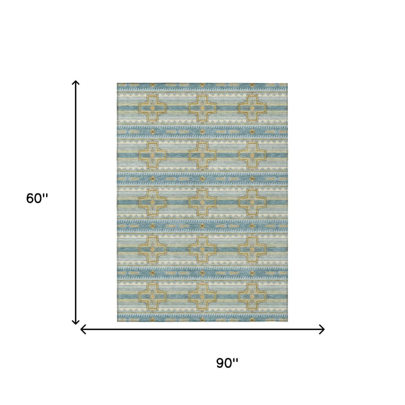 5' X 8' Teal Blue And Gold Tribal Washable Indoor Outdoor Area Rug Homeroots Outdoor