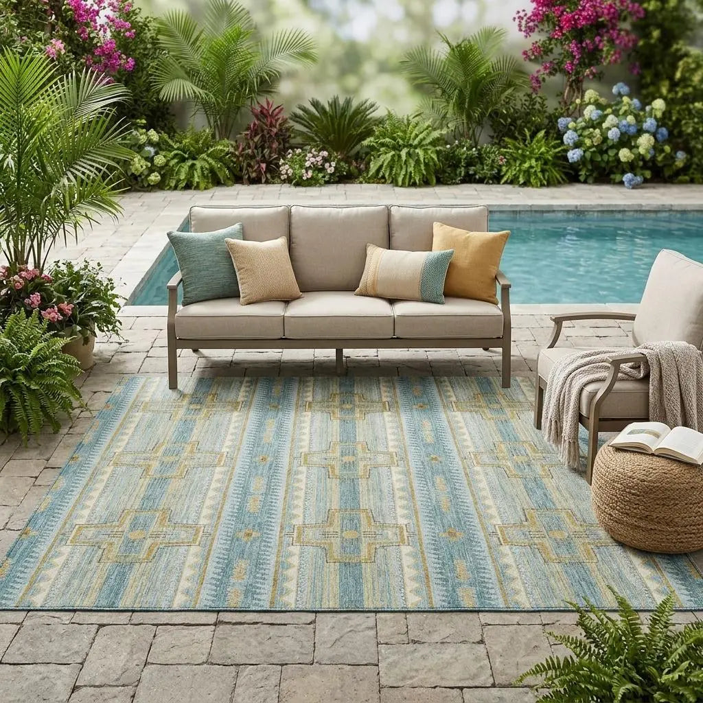 5' X 8' Teal Blue And Gold Tribal Washable Indoor Outdoor Area Rug Homeroots Outdoor