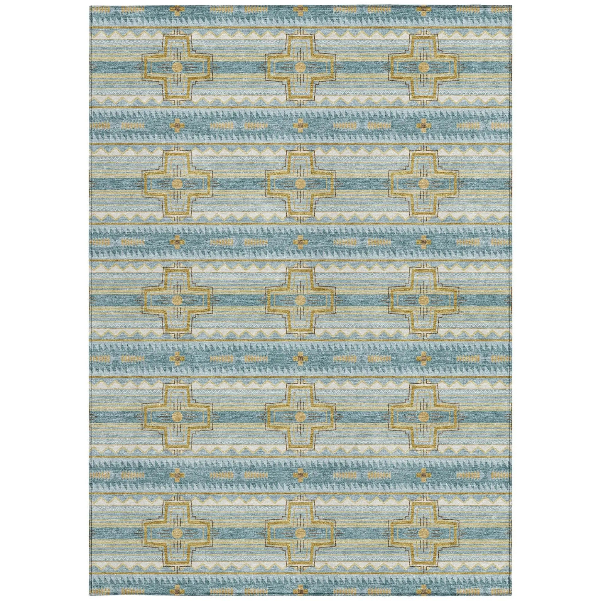 5' X 8' Teal Blue And Gold Tribal Washable Indoor Outdoor Area Rug Homeroots Outdoor
