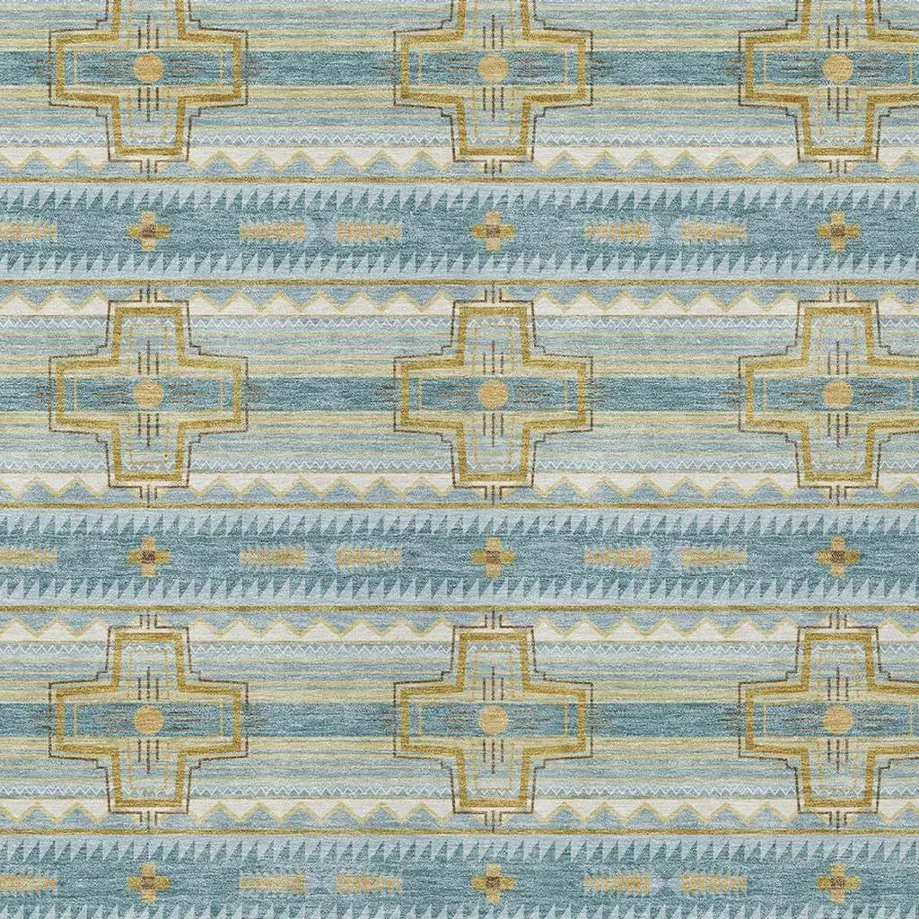 5' X 8' Teal Blue And Gold Tribal Washable Indoor Outdoor Area Rug Homeroots Outdoor