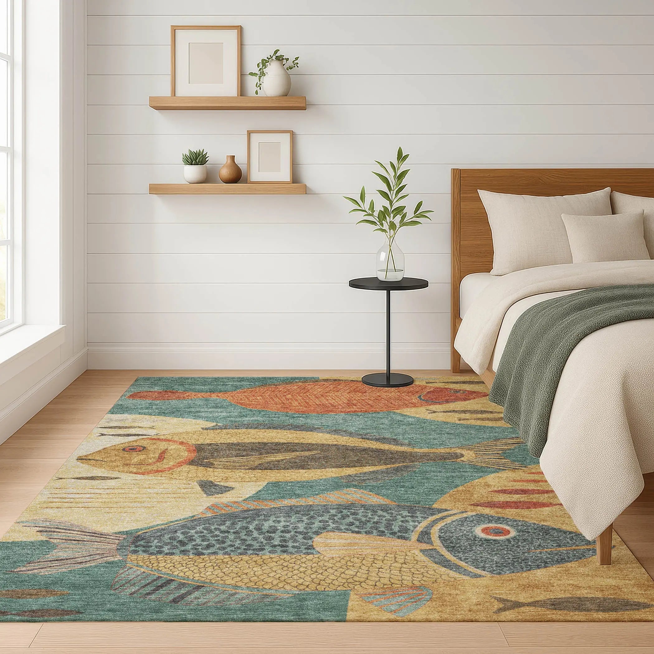 5' X 8' Teal Blue And Gold Tropical Fish Washable Indoor Outdoor Area Rug Homeroots Outdoor