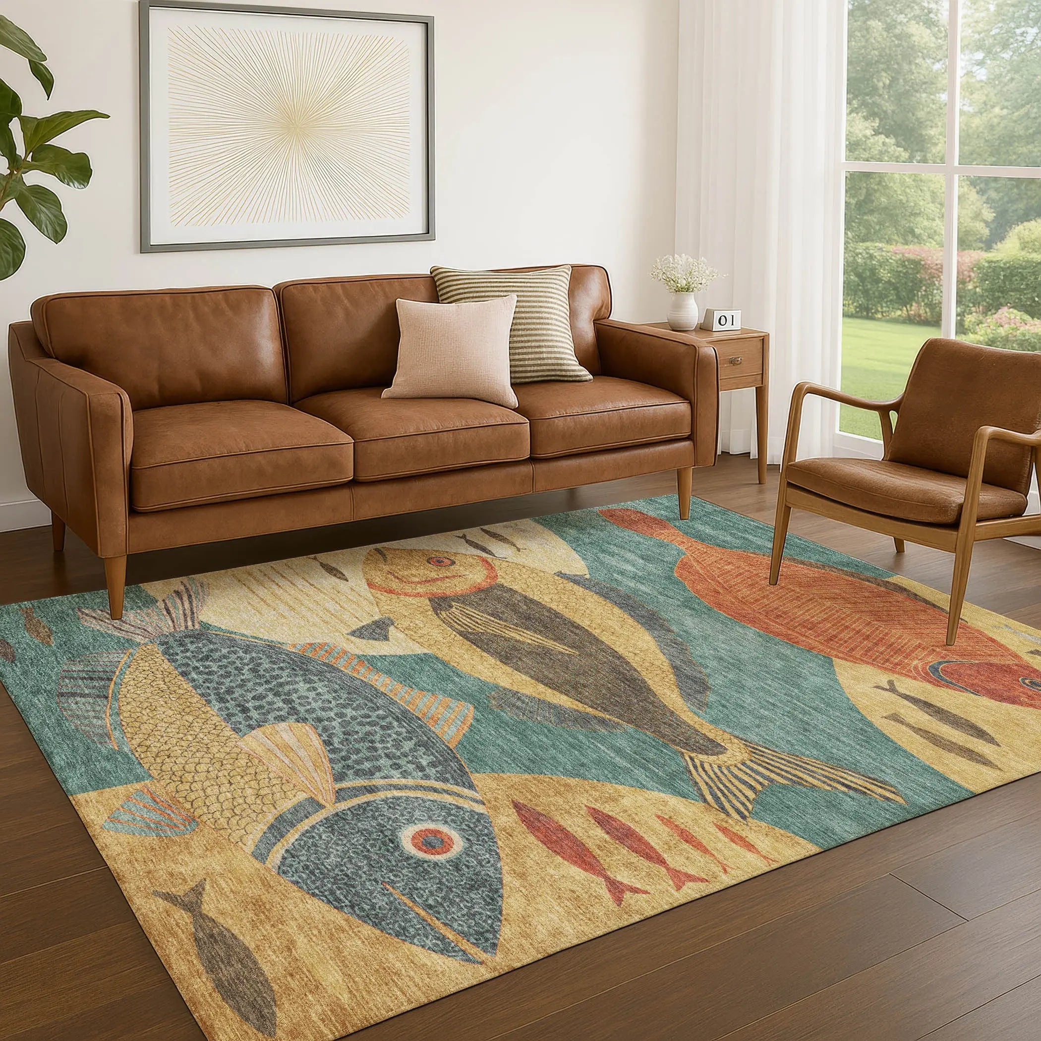 5' X 8' Teal Blue And Gold Tropical Fish Washable Indoor Outdoor Area Rug Homeroots Outdoor