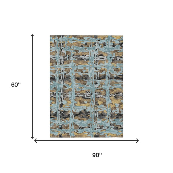 5' X 8' Teal Blue And Granite Gray Abstract Washable Indoor Outdoor Area Rug Homeroots Outdoor