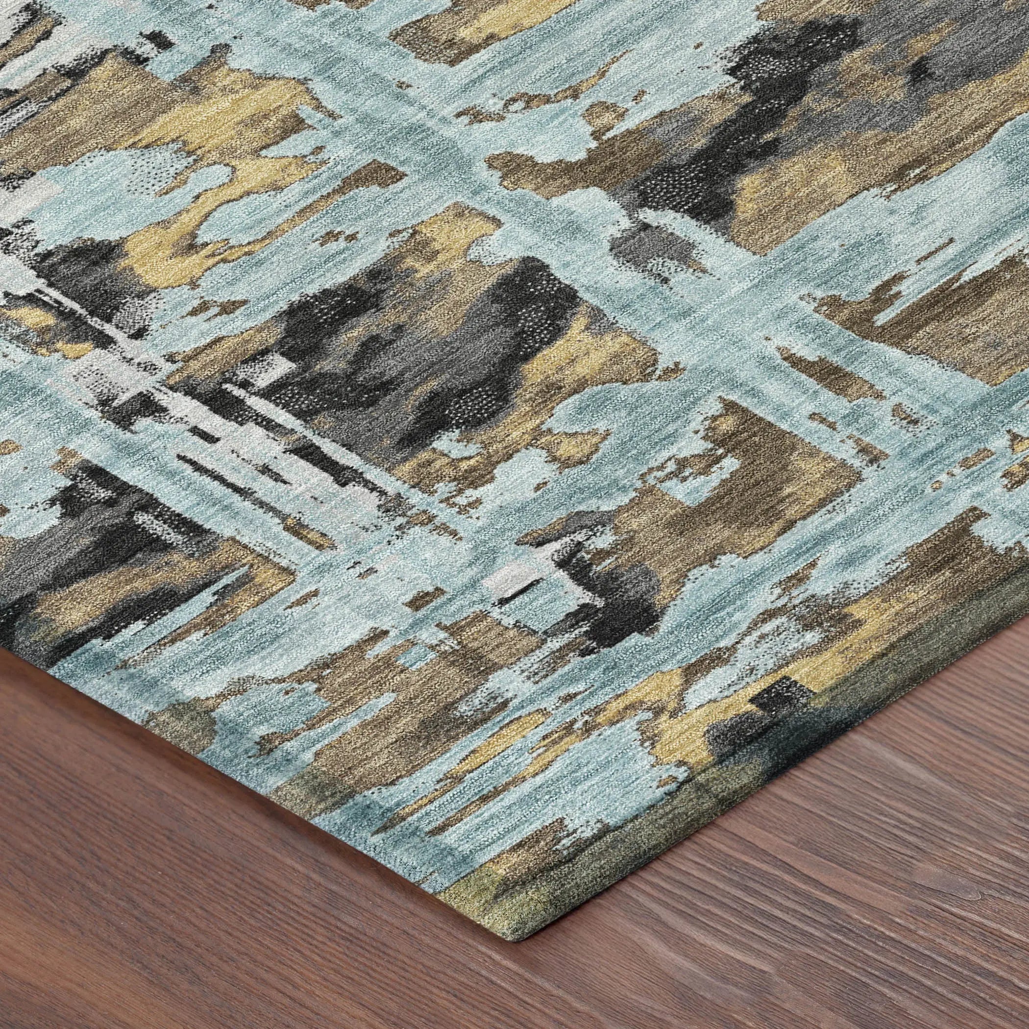 5' X 8' Teal Blue And Granite Gray Abstract Washable Indoor Outdoor Area Rug Homeroots Outdoor