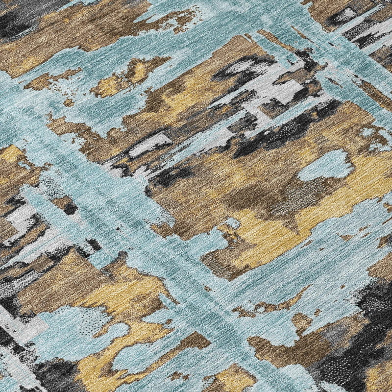 5' X 8' Teal Blue And Granite Gray Abstract Washable Indoor Outdoor Area Rug Homeroots Outdoor