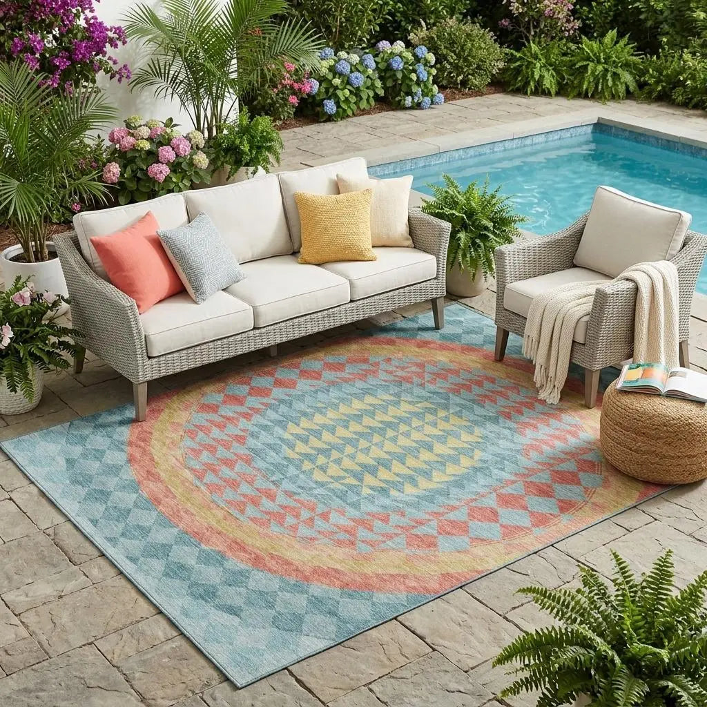 5' X 8' Teal Blue And Granite Gray Geometric Washable Indoor Outdoor Area Rug Homeroots Outdoor