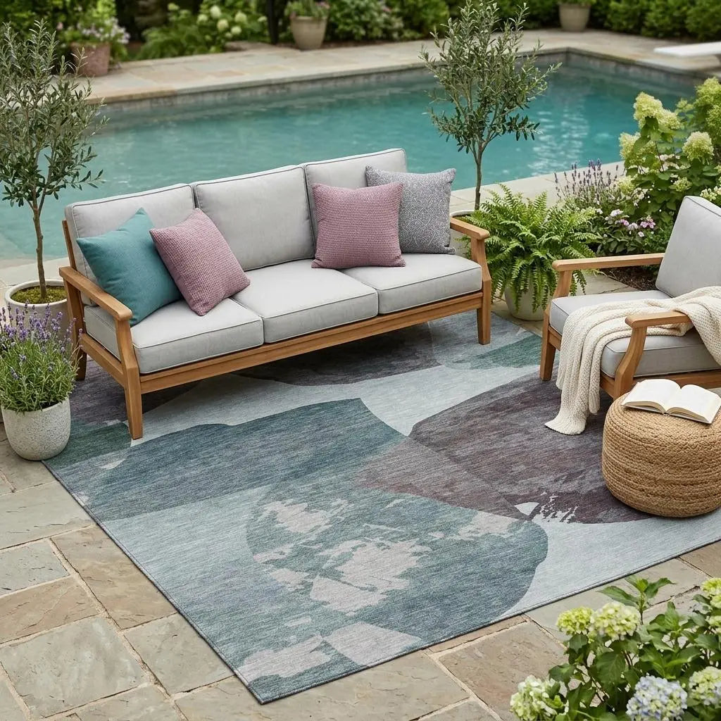 5' X 8' Teal Blue And Graphite Abstract Washable Indoor Outdoor Area Rug Homeroots Outdoor