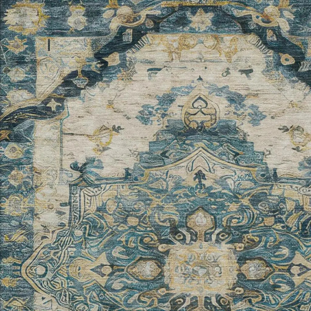5' X 8' Teal Blue And Graphite Floral Medallion Washable Indoor Outdoor Area Rug Homeroots Outdoor