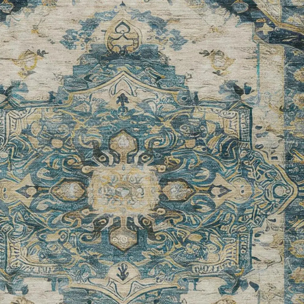 5' X 8' Teal Blue And Graphite Floral Medallion Washable Indoor Outdoor Area Rug Homeroots Outdoor