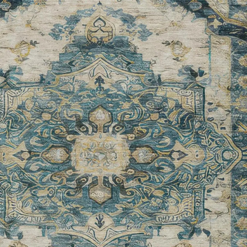 5' X 8' Teal Blue And Graphite Floral Medallion Washable Indoor Outdoor Area Rug Homeroots Outdoor