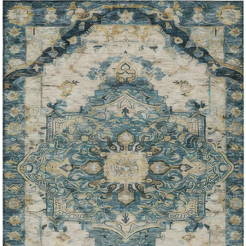 5' X 8' Teal Blue And Graphite Floral Medallion Washable Indoor Outdoor Area Rug Homeroots Outdoor