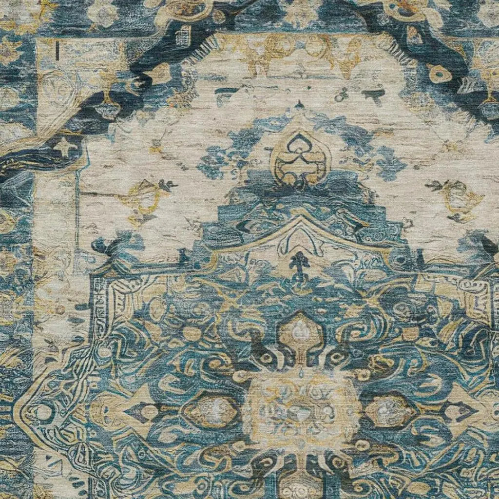 5' X 8' Teal Blue And Graphite Floral Medallion Washable Indoor Outdoor Area Rug Homeroots Outdoor