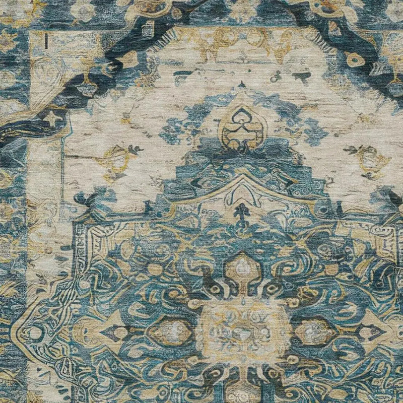 5' X 8' Teal Blue And Graphite Floral Medallion Washable Indoor Outdoor Area Rug Homeroots Outdoor