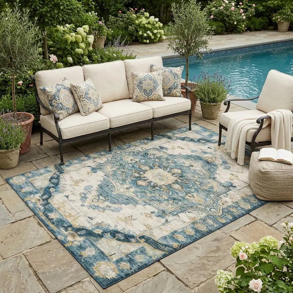 5' X 8' Teal Blue And Graphite Floral Medallion Washable Indoor Outdoor Area Rug Homeroots Outdoor