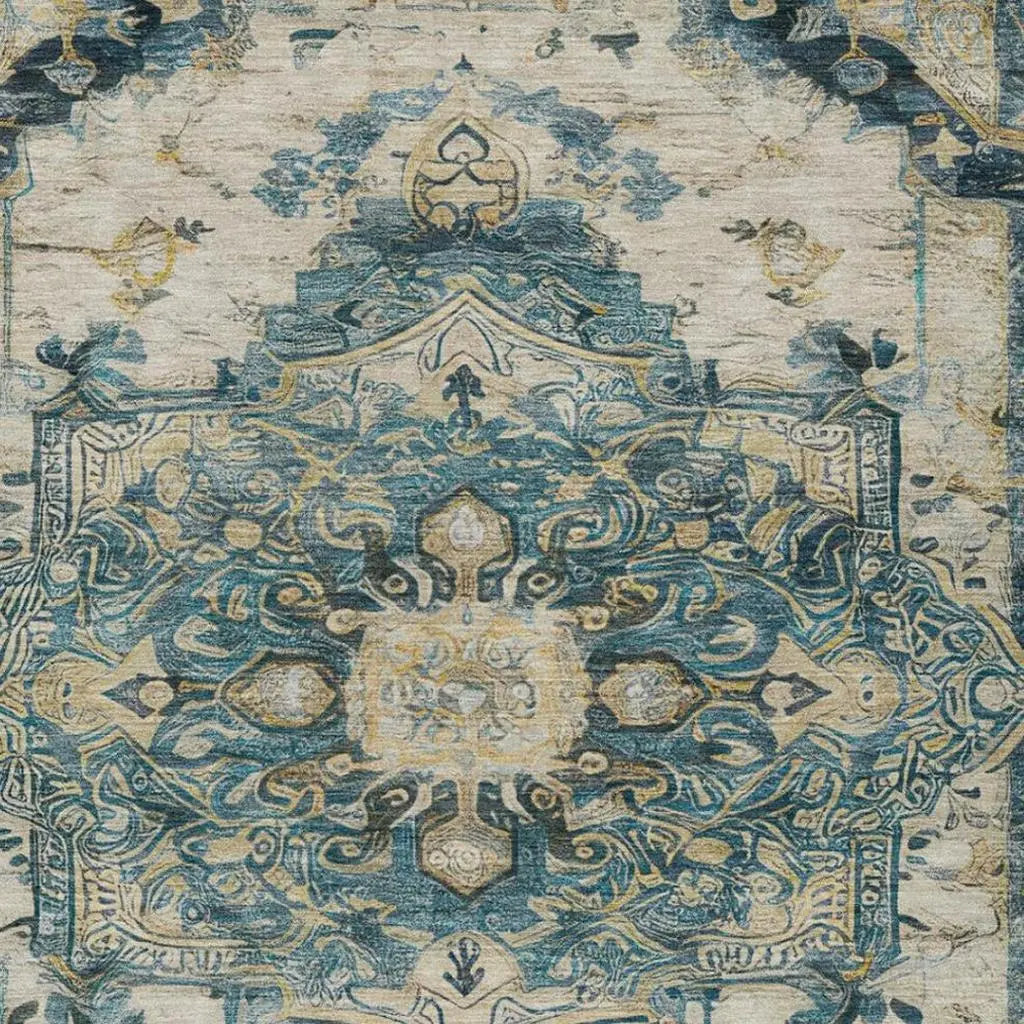 5' X 8' Teal Blue And Graphite Floral Medallion Washable Indoor Outdoor Area Rug Homeroots Outdoor