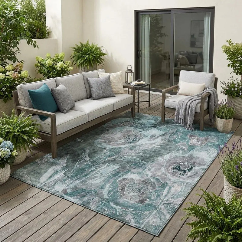 5' X 8' Teal Blue And Graphite Floral Washable Indoor Outdoor Area Rug Homeroots Outdoor