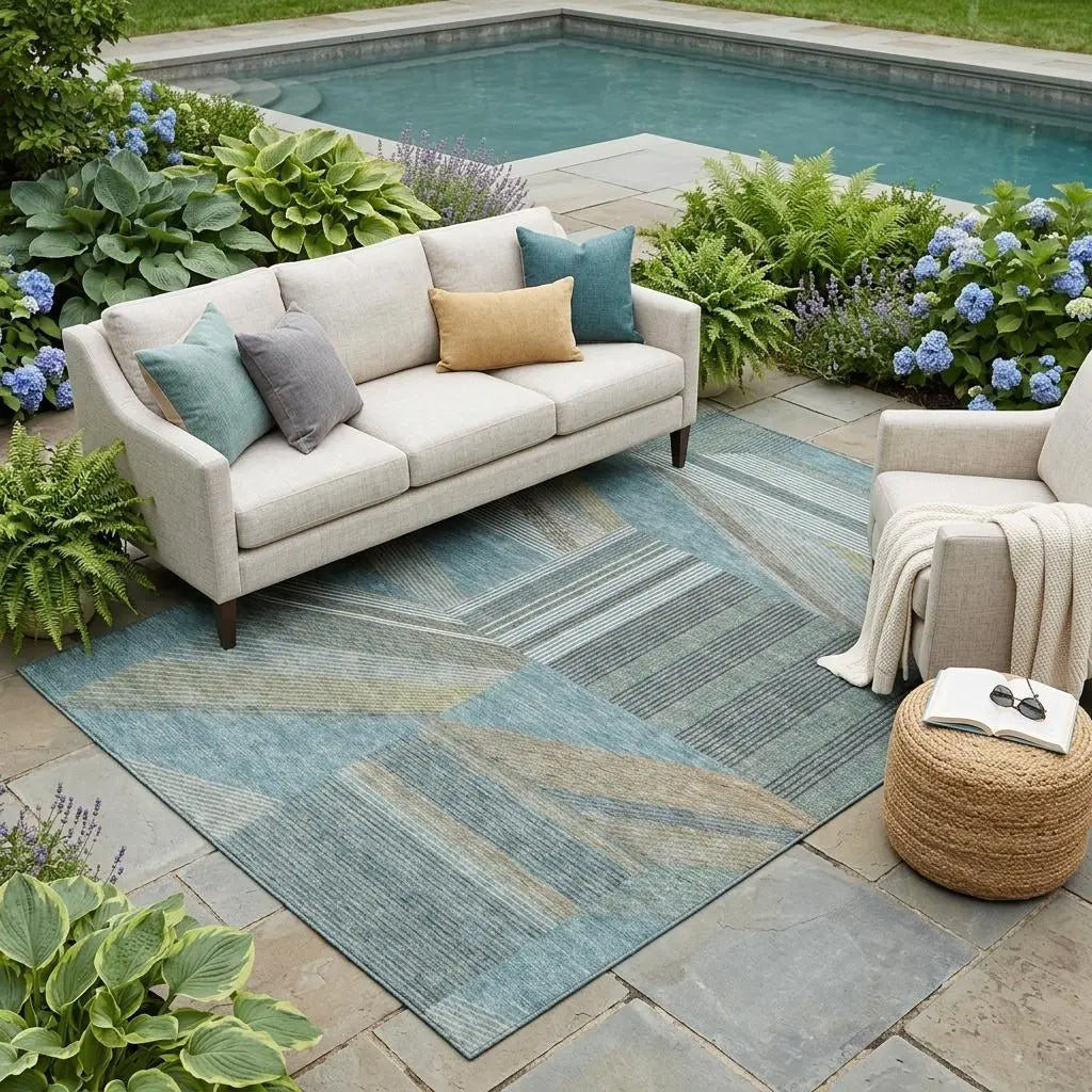 5' X 8' Teal Blue And Graphite Geometric Washable Indoor Outdoor Area Rug Homeroots Outdoor