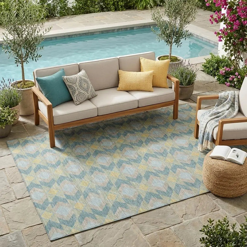 5' X 8' Teal Blue And Graphite Geometric Washable Indoor Outdoor Area Rug Homeroots Outdoor