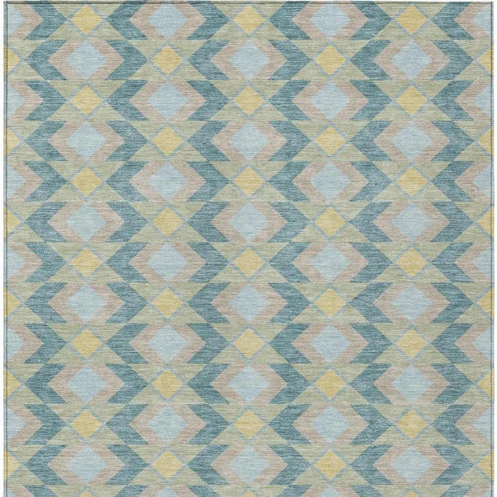 5' X 8' Teal Blue And Graphite Geometric Washable Indoor Outdoor Area Rug Homeroots Outdoor