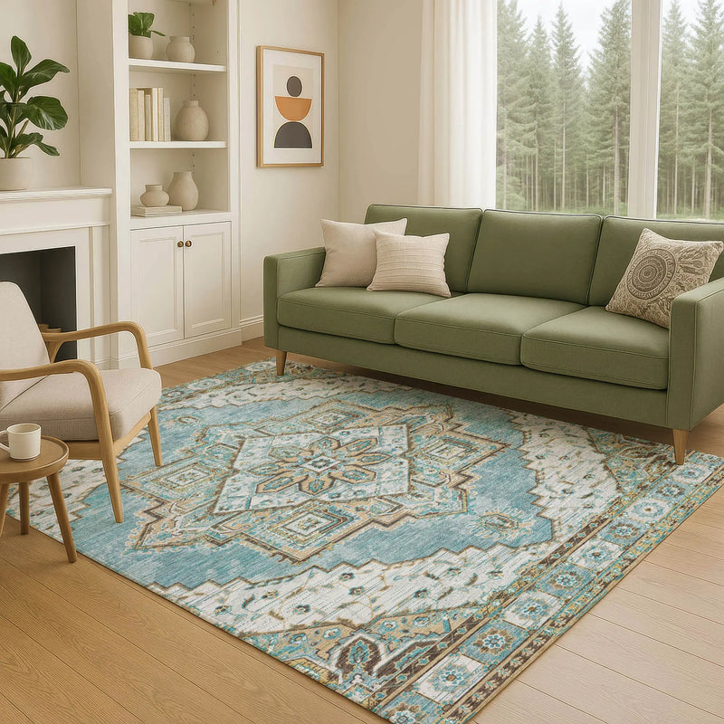 5' X 8' Teal Blue And Graphite Oriental Washable Indoor Outdoor Area Rug Homeroots Outdoor