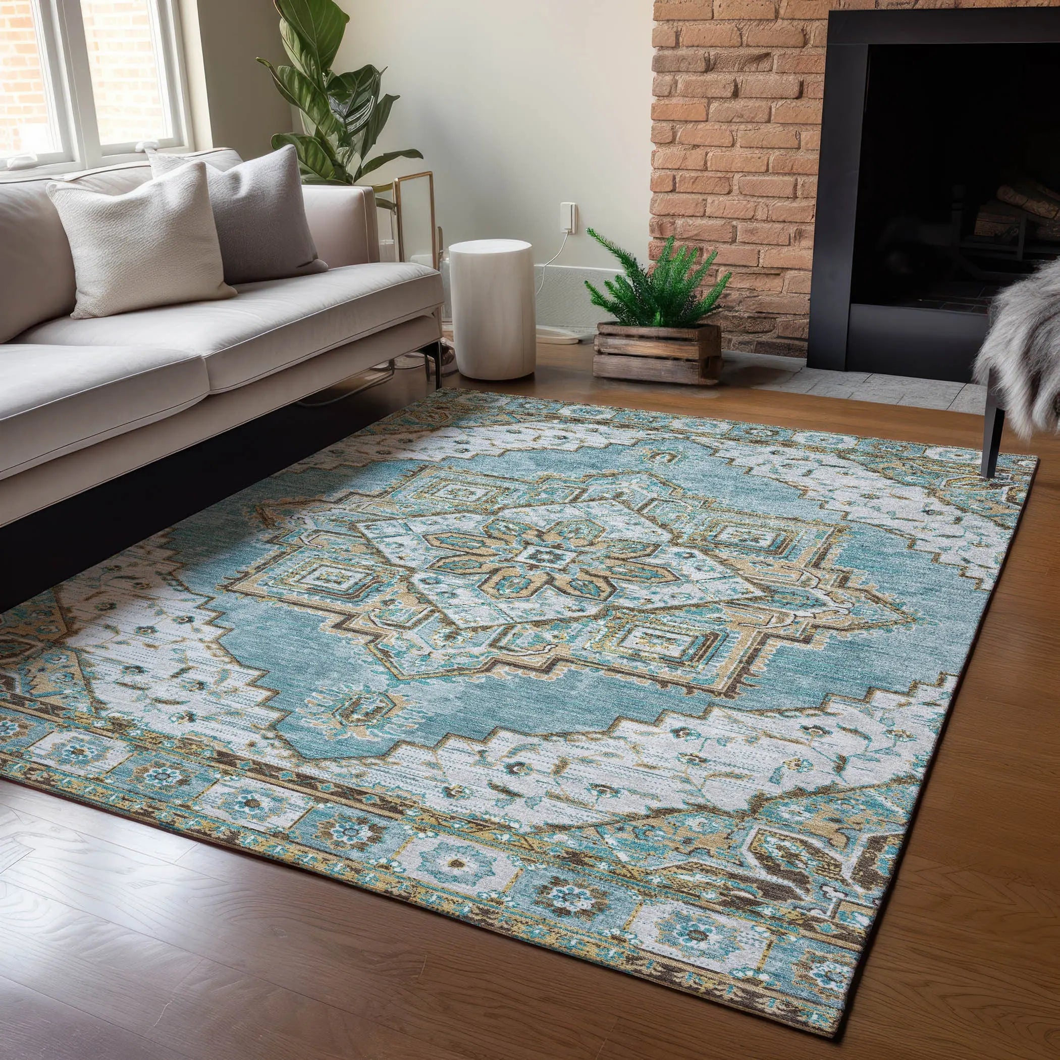 5' X 8' Teal Blue And Graphite Oriental Washable Indoor Outdoor Area Rug Homeroots Outdoor