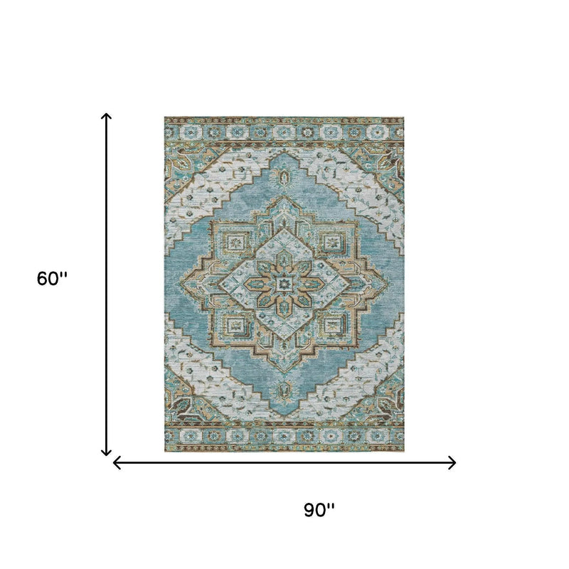 5' X 8' Teal Blue And Graphite Oriental Washable Indoor Outdoor Area Rug Homeroots Outdoor