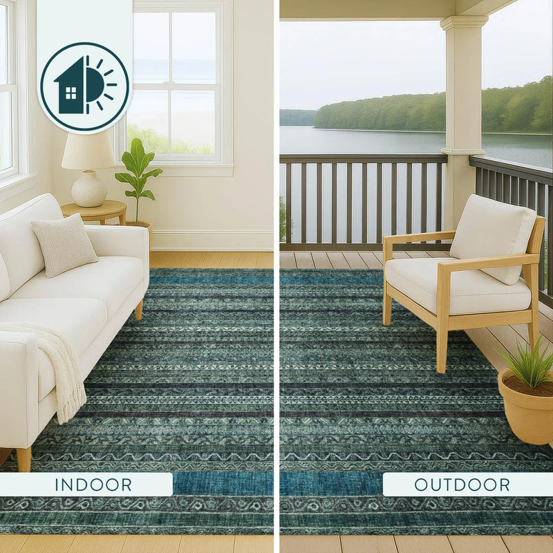 5' X 8' Teal Blue And Graphite Striped Washable Indoor Outdoor Area Rug Homeroots Outdoor