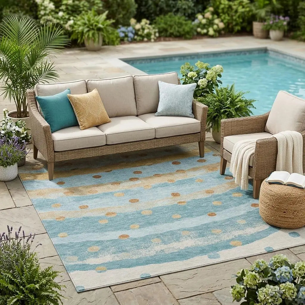 5' X 8' Teal Blue And Graphite Striped Washable Indoor Outdoor Area Rug Homeroots Outdoor