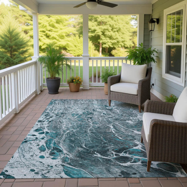 5' X 8' Teal Blue And Gray Abstract Washable Indoor Outdoor Area Rug Homeroots Outdoor