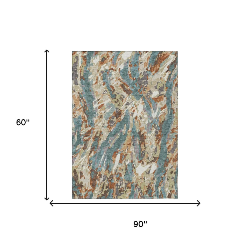 5' X 8' Teal Blue And Gray Abstract Washable Indoor Outdoor Area Rug Homeroots Outdoor