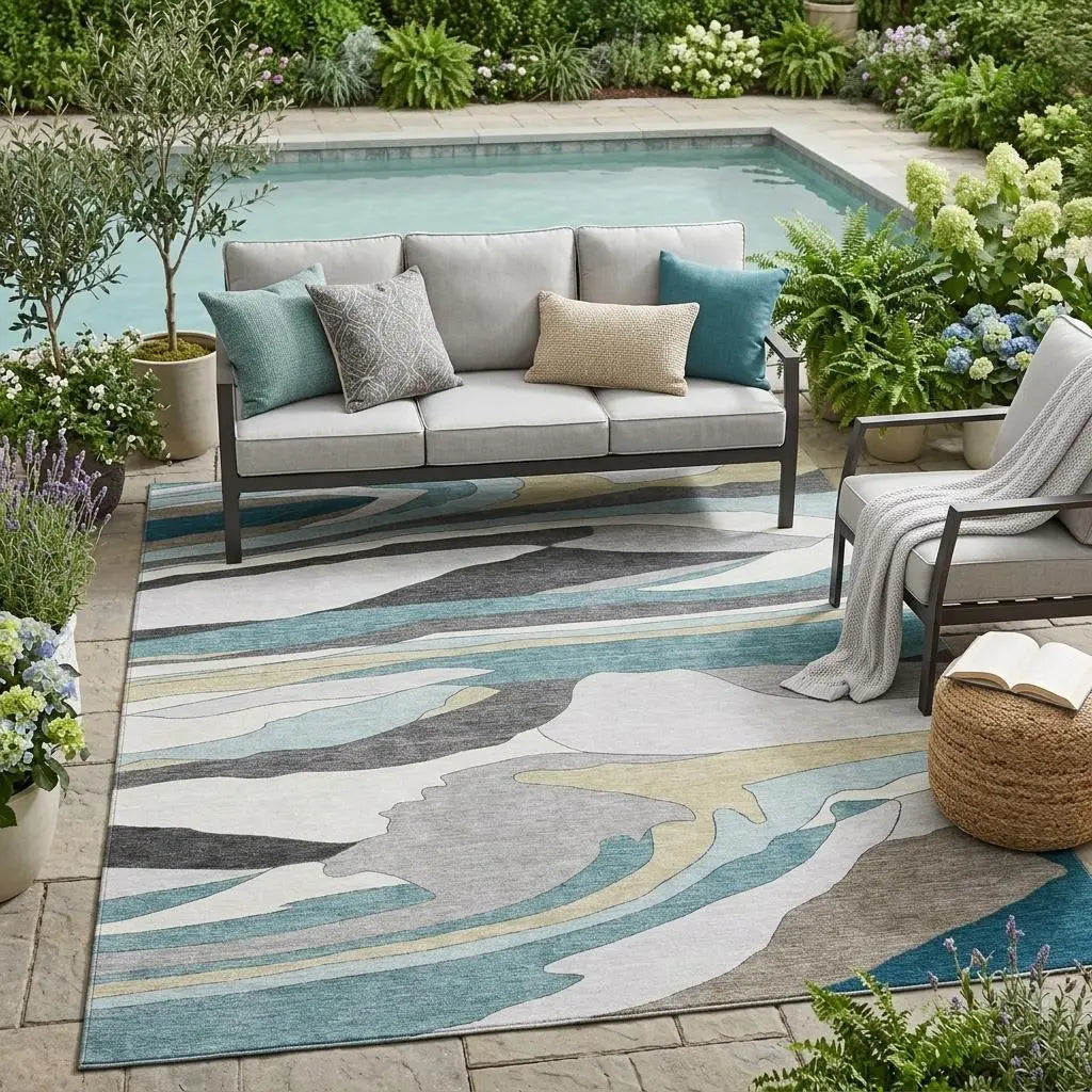 5' X 8' Teal Blue And Gray Abstract Washable Indoor Outdoor Area Rug Homeroots Outdoor