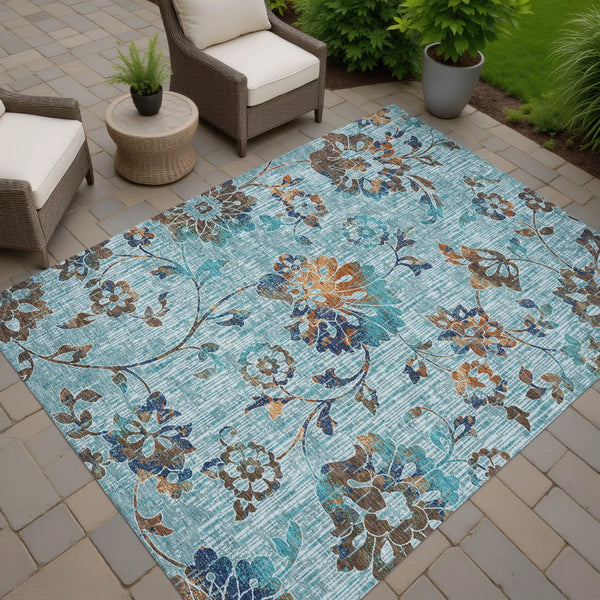 5' X 8' Teal Blue And Gray Floral Washable Indoor Outdoor Area Rug Homeroots Outdoor