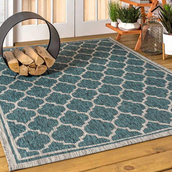 5' X 8' Teal Blue And Gray Geometric Indoor Outdoor Area Rug Homeroots Outdoor