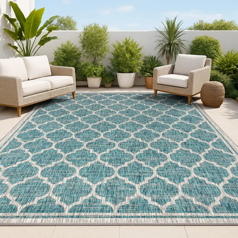 5' X 8' Teal Blue And Gray Geometric Indoor Outdoor Area Rug Homeroots Outdoor