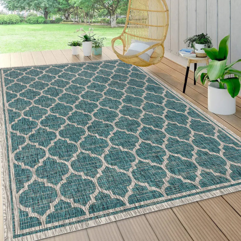 5' X 8' Teal Blue And Gray Geometric Indoor Outdoor Area Rug Homeroots Outdoor