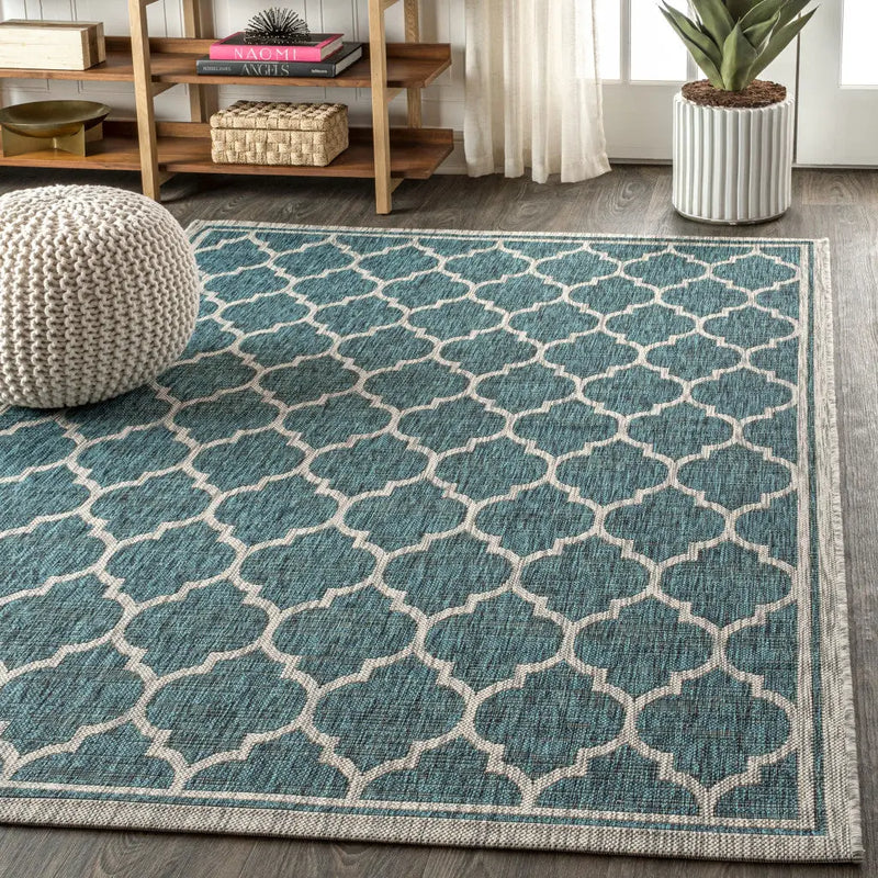 5' X 8' Teal Blue And Gray Geometric Indoor Outdoor Area Rug Homeroots Outdoor