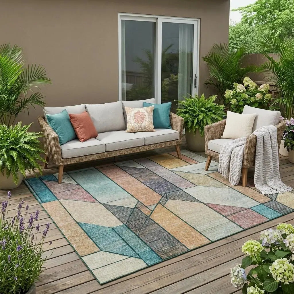 5' X 8' Teal Blue And Gray Geometric Washable Indoor Outdoor Area Rug Homeroots Outdoor
