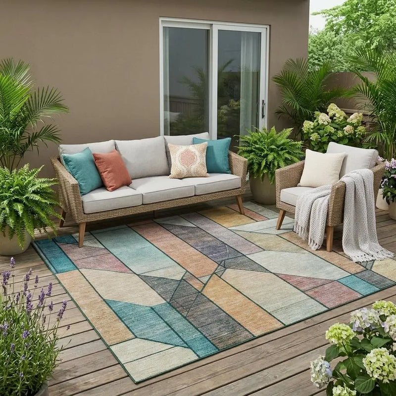 5' X 8' Teal Blue And Gray Geometric Washable Indoor Outdoor Area Rug Homeroots Outdoor