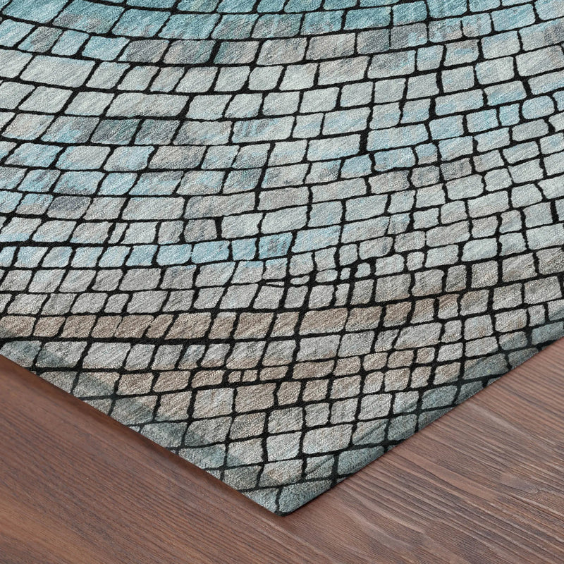 5' X 8' Teal Blue And Gray Geometric Washable Indoor Outdoor Area Rug Homeroots Outdoor